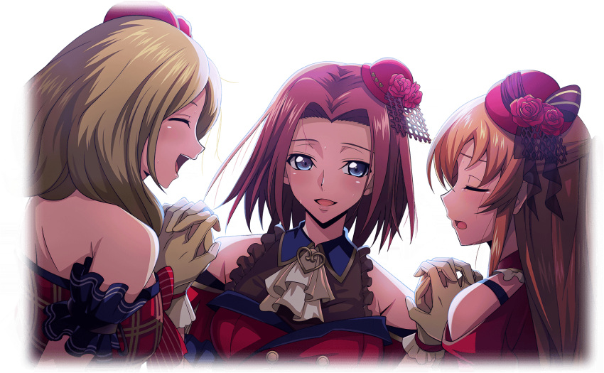 3girls ^_^ armband artist_request ascot backlighting bare_shoulders blonde_hair blue_eyes blush bowler_hat breasts buttons closed_eyes code_geass code_geass:_lost_stories cropped_torso double-breasted dutch_angle facing_another flower forehead game_cg gloves hair_intakes half-closed_eyes hand_up hands_up happy hat hat_flower heart highres holding_hands idol_clothes interlocked_fingers kouzuki_kallen light_blush long_hair looking_at_another looking_to_the_side medium_breasts medium_hair milly_ashford mini_hat multiple_girls non-web_source official_art open_mouth orange_hair profile red_flower red_hair red_hat red_rose rose shirley_fenette short_hair sidelocks simple_background smile sweat tears teeth tilted_headwear transparent_background u_u upper_body white_ascot white_gloves