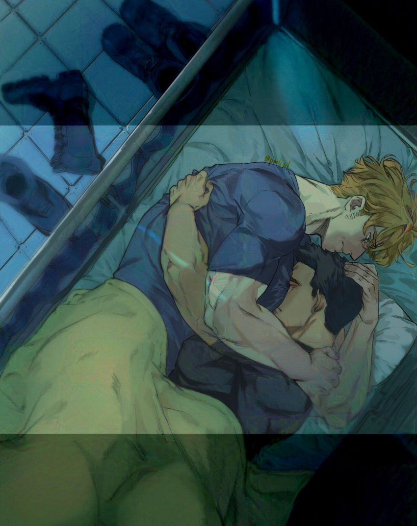 2boys ao_isami bara between_pectorals biting_own_lip black_hair blonde_hair comforting couple covered_nipples cowboy_shot crying facial_hair from_above from_side hand_on_another's_head head_between_pecs highres large_pectorals lewis_smith male_focus multiple_boys on_bed pectorals pmlial profile shirt sideburns_stubble stubble t-shirt thick_eyebrows under_covers yaoi yuuki_bakuhatsu_bang_bravern
