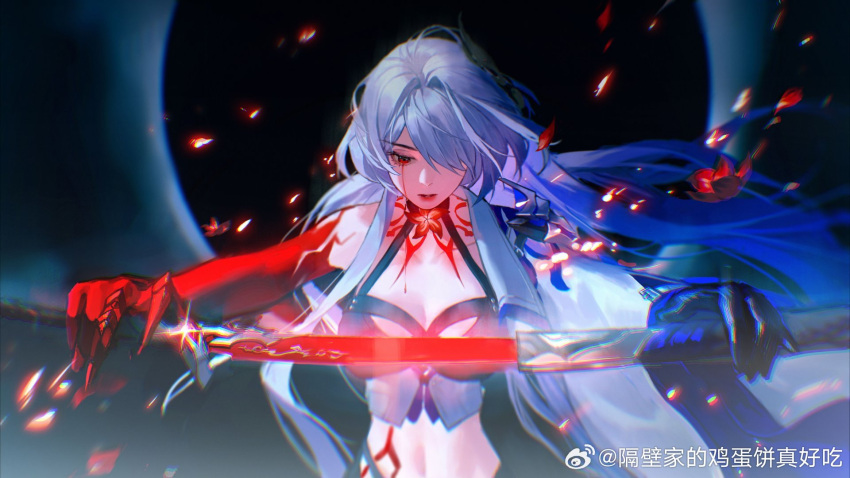 1girl acheron_(honkai:_star_rail) ba_shiba_ye_xin black_choker black_gloves blood blood_from_eyes body_markings breasts choker cleavage coat detached_sleeves flower gloves hair_over_one_eye highres holding holding_sword holding_weapon honkai:_star_rail honkai_(series) long_hair midriff navel red_eyes red_flower sheath single_bare_shoulder solo stomach sword unsheathing upper_body weapon weibo_username white_coat white_hair