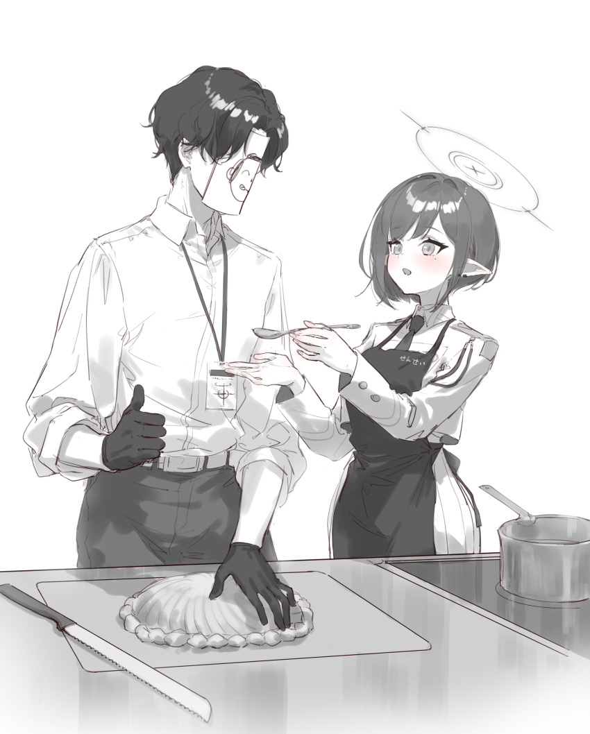 1boy 1girl absurdres aoi_(blue_archive) apron belt blue_archive blush breasts collared_shirt doodle_sensei_(blue_archive) eshineko gloves halo highres holding holding_spoon id_card jacket long_sleeves medium_breasts mole mole_under_eye monochrome necktie open_mouth pants pleated_skirt pointy_ears sensei_(blue_archive) shirt short_hair simple_background skirt spoon white_background