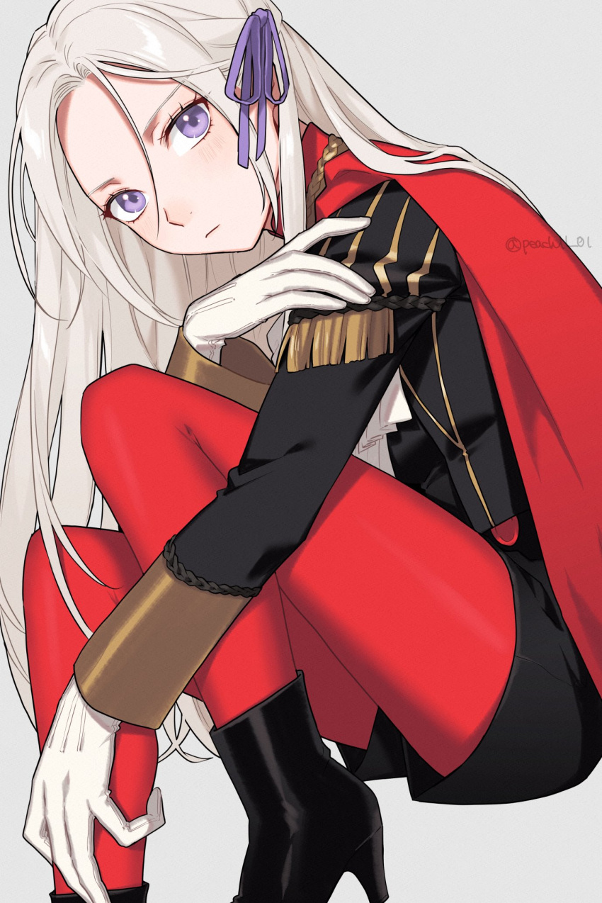 1girl commentary edelgard_von_hresvelg fire_emblem fire_emblem:_three_houses grey_background highres peach11_01 simple_background solo