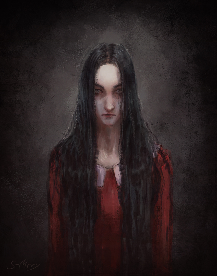 1girl artist_name black_background black_hair bloodexer dark dark_background darkness dress highres horror_(theme) long_hair looking_at_viewer red_dress red_sleeves signature simple_background solo solo_focus standing the_evil_within very_long_hair