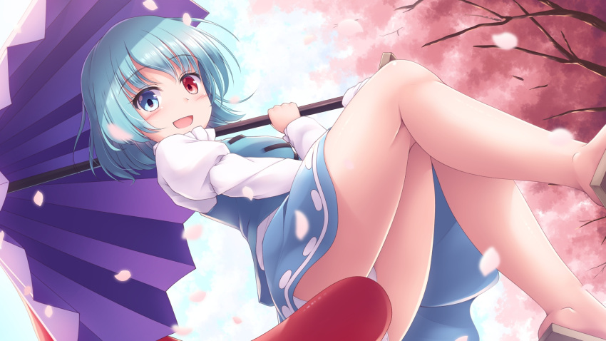 1girl aqua_skirt aqua_vest ass blue_eyes blue_hair blush cherry_blossoms geta highres juliet_sleeves karakasa_obake long_sleeves looking_at_viewer lzh open_mouth panties petals puffy_sleeves red_eyes shirt short_hair skirt smile solo tatara_kogasa touhou umbrella underwear white_panties white_shirt