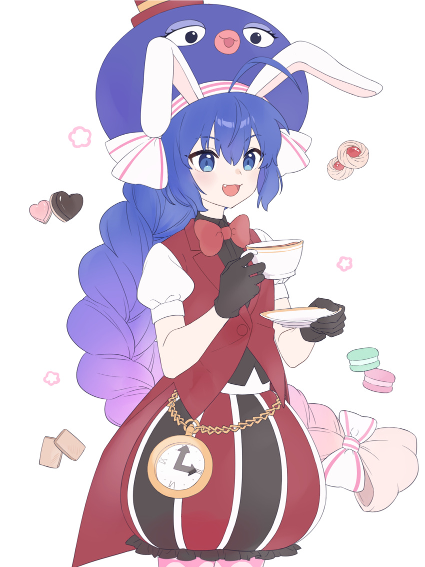 1girl alternate_costume alternate_hairstyle animal_ears black_gloves black_shirt black_shorts blue_eyes blue_hair blue_hat bow bowtie braid braided_ponytail buttons candy chocolate collared_shirt cookie cup eel_hat fake_animal_ears fang food frills gloves gradient_hair hair_bow hat heart heart-shaped_chocolate highres holding holding_cup holding_plate large_hat long_hair low_ponytail macaron multicolored_clothes multicolored_hair multicolored_shorts open_mouth otomachi_una pink_bow pink_hair plate puffy_short_sleeves puffy_shorts puffy_sleeves purple_hair rabbit_ears red_bow red_bowtie red_hat red_shorts red_vest shirt short_sleeves shorts smile solo star_(symbol) striped_bow striped_clothes striped_shorts suiso_sn3 tea thumbprint_cookie top_hat traditional_bowtie vertical-striped_clothes vertical-striped_shorts very_long_hair vest vocaloid white_background white_bow white_shorts white_sleeves