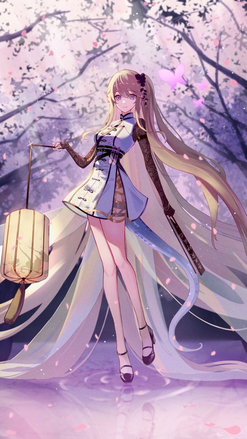 1girl absurdly_long_hair aoi_tooru arknights black_gloves blonde_hair blurry blurry_background cherry_blossoms china_dress chinese_clothes cleavage_cutout closed_mouth clothing_cutout commentary_request dress elbow_gloves falling_petals full_body gloves grey_tail hair_between_eyes hair_ornament hand_up highres holding indigo_(arknights) indigo_(serene_day)_(arknights) lace lace_gloves light_particles light_rays light_smile long_hair looking_at_viewer official_alternate_costume petals purple_eyes reflection reflective_water ripples short_dress side_slit sleeveless sleeveless_dress solo standing tail tree very_long_hair vial water white_dress