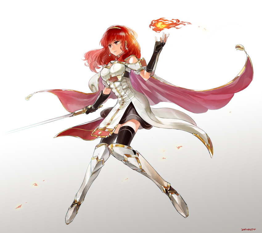 armor armored_boots boots cape celica_(fire_emblem) dress earrings fingerless_gloves fire_emblem fire_emblem_echoes:_mou_hitori_no_eiyuuou fire_emblem_gaiden fireball futabaaf gloves gradient gradient_background highres jewelry long_hair magic red_eyes red_hair solo sword thighhighs tiara weapon zettai_ryouiki