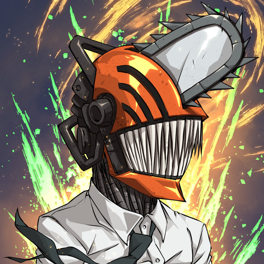 1boy alternate_form black_necktie chainsaw chainsaw_man denji_(chainsaw_man) dress_shirt highres luis_figueiredo male_focus monster_boy necktie sharp_teeth shirt solo splatter_background teeth upper_body white_shirt