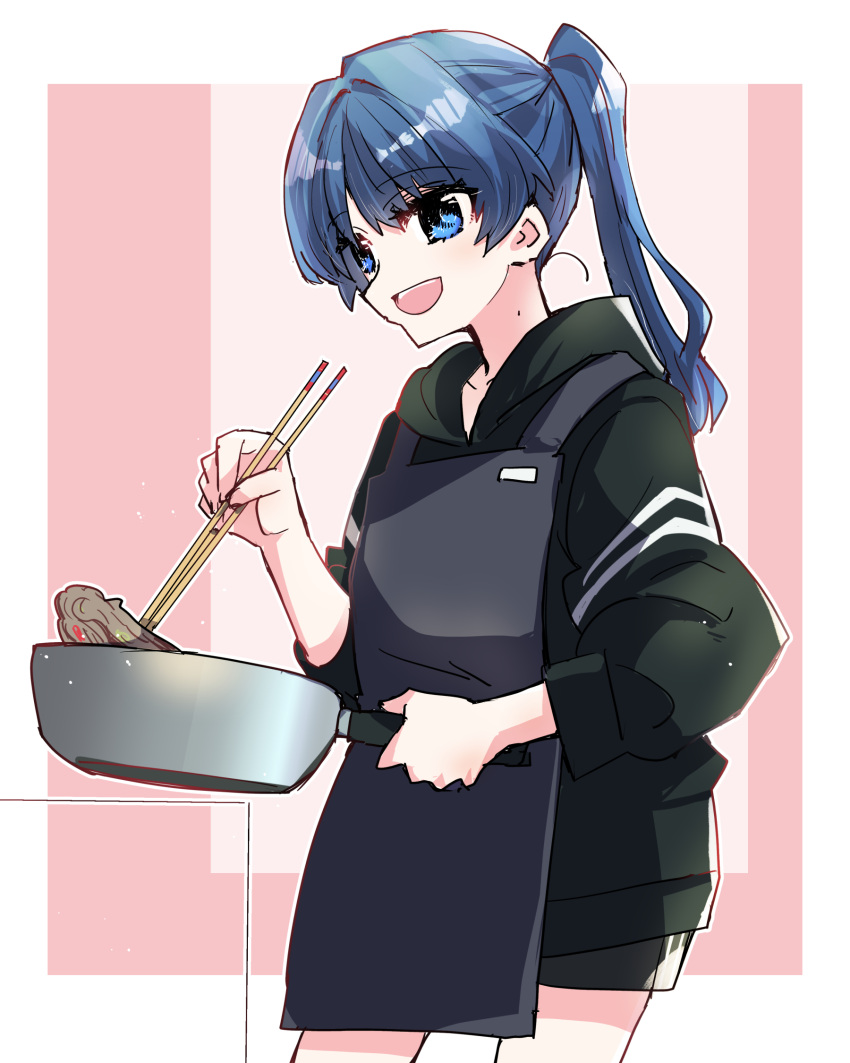 1girl :d apron black_jacket black_shorts blue_eyes blue_hair chopsticks commentary_request dark_blue_hair frying_pan grey_apron high_ponytail highres holding holding_chopsticks holding_frying_pan jacket kanduki_kamibukuro link!_like!_love_live! long_hair long_sleeves looking_at_viewer love_live! mole mole_on_neck murano_sayaka open_mouth shorts smile yakisoba