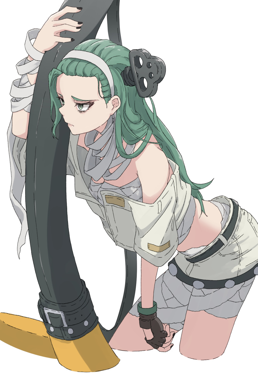 1girl a.b.a alpaca_(alpaca00011) bags_under_eyes bandaged_chest bandaged_neck bandages bare_shoulders black_gloves black_nails fingerless_gloves gloves green_eyes green_hair guilty_gear guilty_gear_strive hairband highres key key_in_head long_hair looking_to_the_side object_through_head paracelsus_(guilty_gear) short_sleeves skirt stitched_mouth stitches white_hairband white_skirt