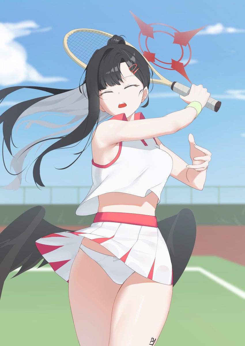 1girl absurdres black_hair black_wings blue_archive breasts closed_eyes copper cowboy_shot day feathered_wings hair_ornament hairclip halo highres holding holding_tennis_racket ichika_(blue_archive) long_hair medium_breasts open_mouth outdoors panties pleated_skirt ponytail racket red_halo skirt solo tennis_racket underwear white_panties white_skirt wings