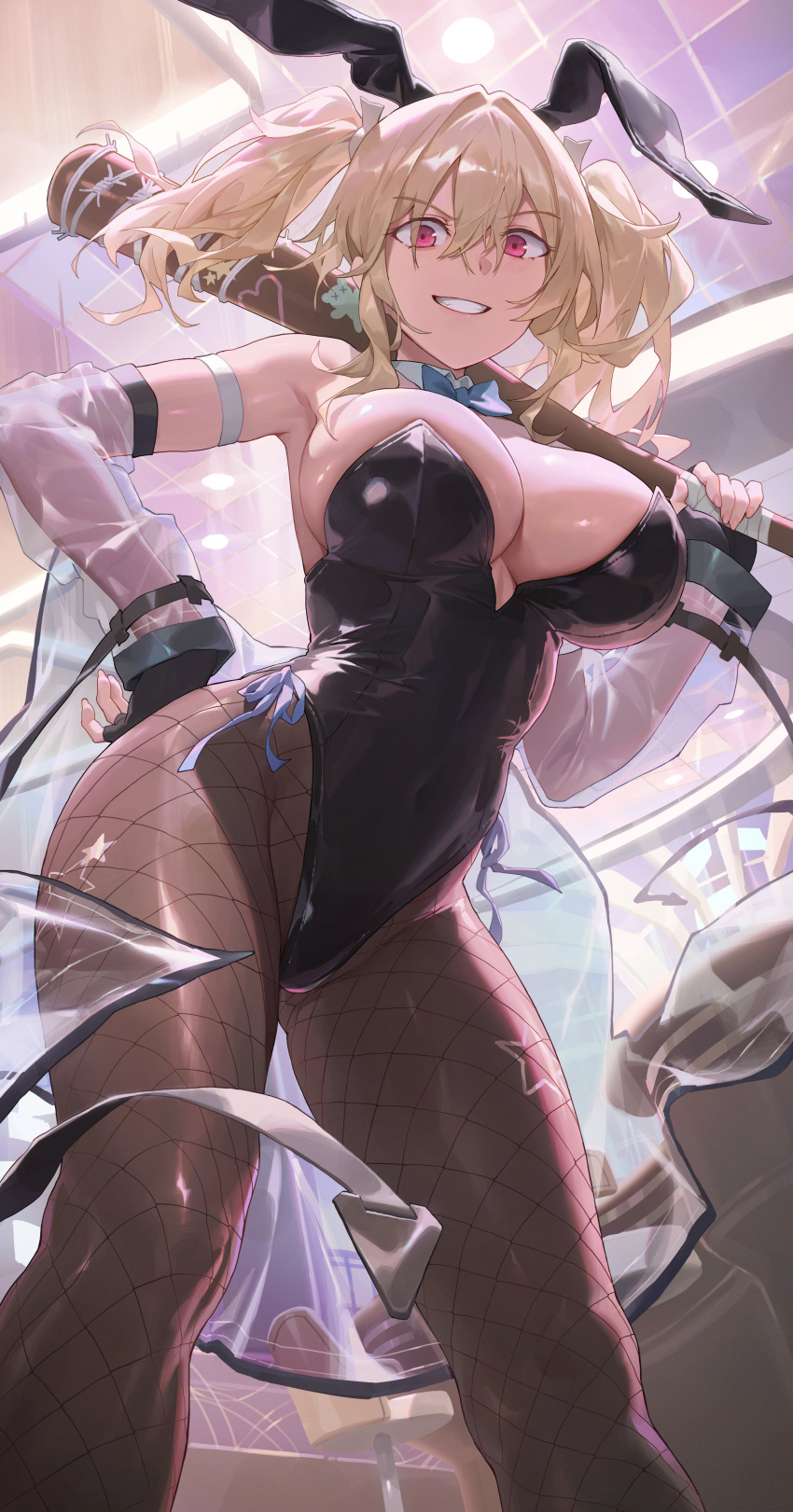 1girl absurdres barbed_wire bare_shoulders baseball_bat blonde_hair breasts cleavage free_style_(yohan1754) highres large_breasts long_hair looking_at_viewer original playboy_bunny red_eyes smile solo thighs twintails