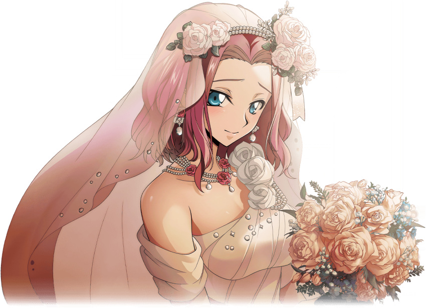 1girl artist_request blue_eyes blush bouquet breasts bridal_veil bride closed_mouth code_geass code_geass:_lost_stories collarbone cropped_torso dress earrings flower forehead game_cg hair_flower hair_intakes hair_ornament happy holding holding_bouquet jewelry kouzuki_kallen light_blush looking_at_viewer medium_breasts necklace non-web_source off-shoulder_dress off_shoulder official_art orange_flower orange_rose pearl_necklace raised_eyebrows red_flower red_hair red_rose rose see-through short_hair shy sidelocks simple_background single_bare_shoulder smile solo standing transparent_background upper_body veil wedding_dress white_dress white_flower white_rose