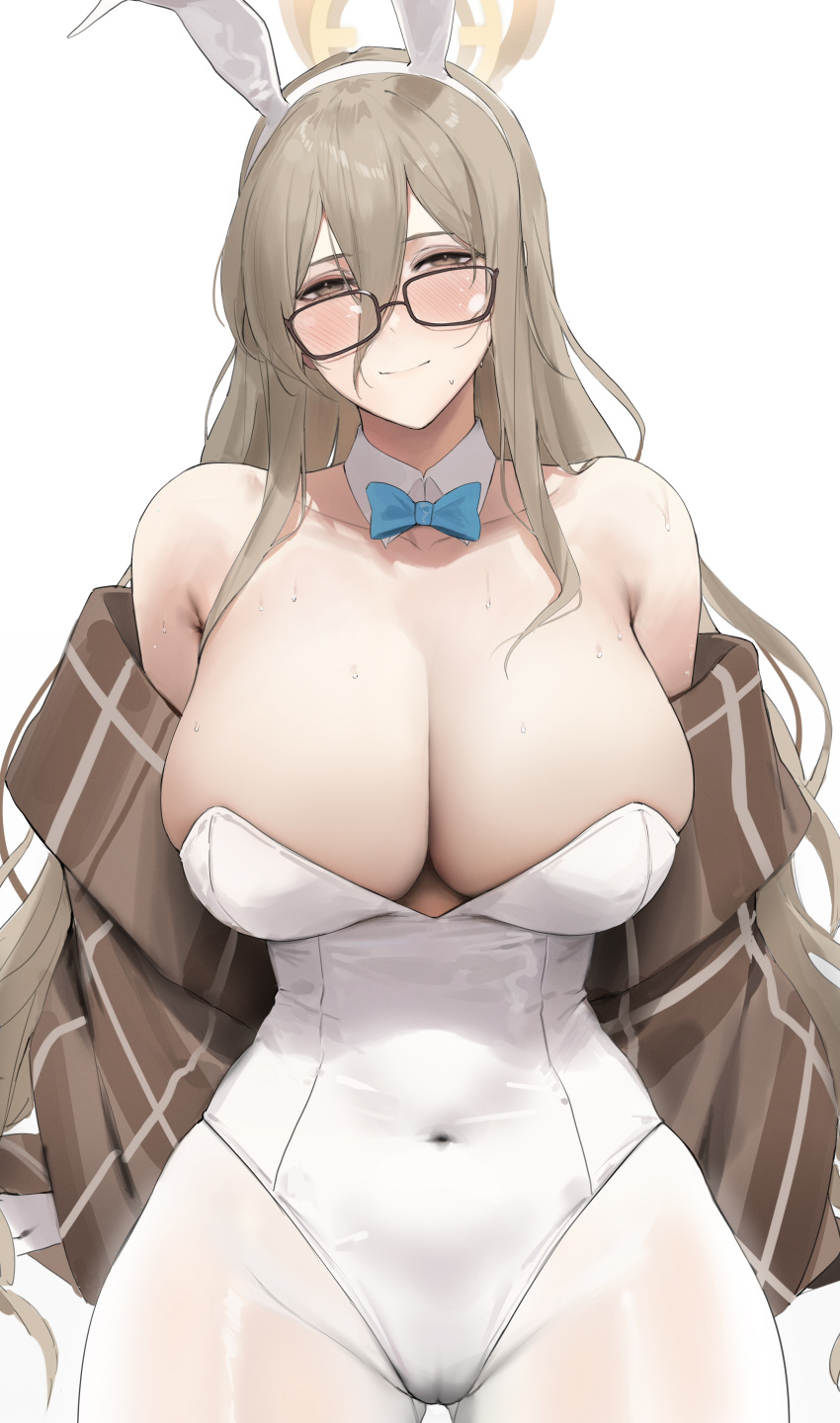 1girl absurdres akane_(blue_archive) akane_(bunny)_(blue_archive) alios_arvin animal_ear_hairband animal_ears aqua_bow aqua_bowtie armpit_crease ass_visible_through_thighs bare_shoulders blue_archive blush bow bowtie breasts brown-framed_eyewear brown_hair brown_shawl cameltoe collarbone covered_navel cowboy_shot detached_collar fake_animal_ears glasses groin hair_between_eyes hairband head_tilt highres huge_breasts leotard long_hair looking_at_viewer official_alternate_costume pantyhose playboy_bunny plunging_neckline rabbit_ear_hairband rabbit_ears shawl simple_background smile solo strapless strapless_leotard sweat very_long_hair white_background white_leotard white_pantyhose