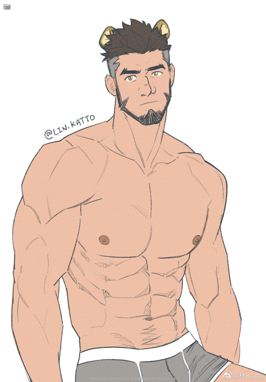 1boy abs alca_(wakatanka4) animal_ears bara beard black_hair boxers facial_hair full_beard grey_male_underwear gyee highres katto8452 large_pectorals lion_boy lion_ears male_focus male_underwear mature_male muscular muscular_male navel nipples original pectorals short_hair sitting solo stomach thick_eyebrows topless_male undercut underwear unfinished white_background