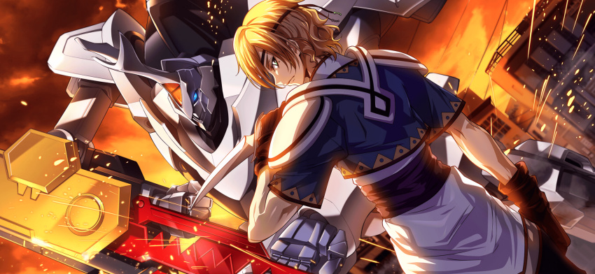 1boy arm_at_side armor artist_request backlighting blonde_hair blue_eyes blue_shirt brown_gloves brown_headband byakuen_(code_geass) closed_mouth cloud code_geass code_geass:_lost_stories code_geass:_soubou_no_oz crop_top dagger dutch_angle from_behind game_cg gloves green_eyes hand_up headband highres holding holding_dagger holding_knife holding_weapon knife looking_at_viewer looking_back male_focus mecha mole mole_under_eye non-web_source official_art orpheus_zevon outdoors profile reverse_grip robot serious shirt short_hair short_sleeves shoulder_armor sidelocks solo sparks standing sunset tunic weapon