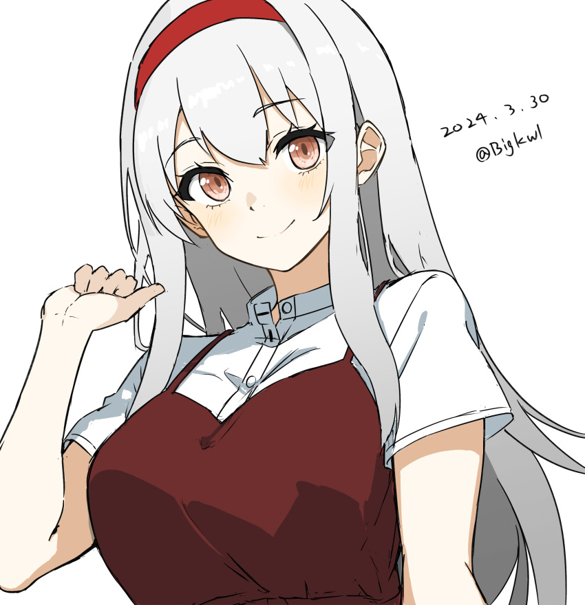 1girl absurdres bigkwl brown_dress brown_eyes collared_shirt dated dress dress_shirt hairband highres kantai_collection long_hair looking_at_viewer official_alternate_costume red_hairband shirt shoukaku_(kancolle) simple_background solo twitter_username upper_body white_background white_hair white_shirt