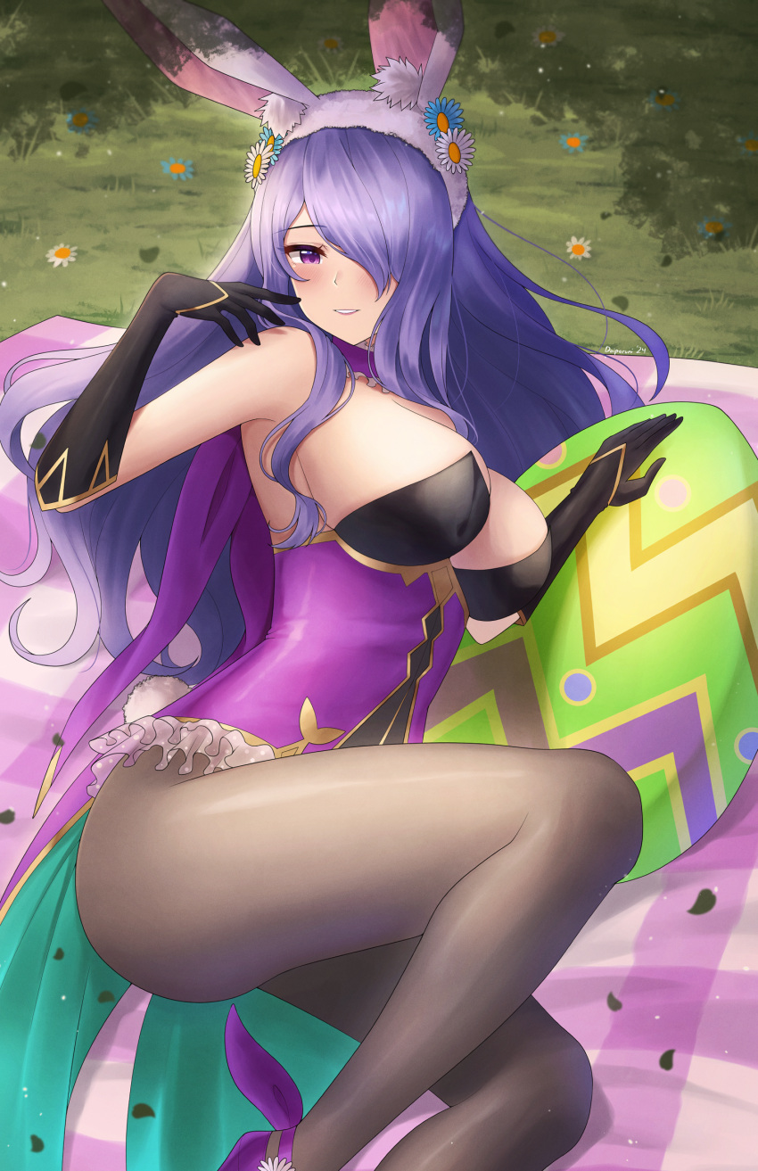 1girl animal_ears black_gloves blush breasts brown_pantyhose camilla_(fire_emblem) camilla_(spring)_(fire_emblem) cleavage commentary doiparuni easter_egg egg elbow_gloves english_commentary fake_animal_ears fire_emblem fire_emblem_fates fire_emblem_heroes flower gloves grass hair_over_one_eye highres large_breasts leotard looking_at_viewer official_alternate_costume one_eye_covered pantyhose playboy_bunny purple_eyes purple_hair purple_leotard rabbit_ears smile solo strapless strapless_leotard thighs white_flower