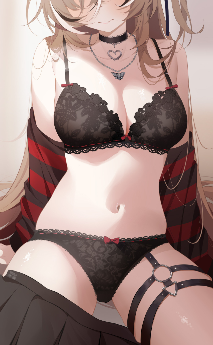 1girl arm_support black_bra black_choker black_hair black_panties black_skirt black_sweater bow bow_panties bra breasts brown_hair choker cleavage deyui english_commentary heart heart_choker highres hololive hololive_english jewelry lace lace-trimmed_choker lace-trimmed_panties lace_panties lace_trim lingerie medium_breasts multicolored_hair nanashi_mumei nanashi_mumei_(emo) navel necklace o-ring o-ring_thigh_strap off_shoulder official_alternate_costume paid_reward_available panties pleated_skirt red_sweater shirt sitting skirt smile solo stomach streaked_hair striped_clothes striped_sweater sweater thigh_strap underwear unworn_skirt virtual_youtuber white_hair