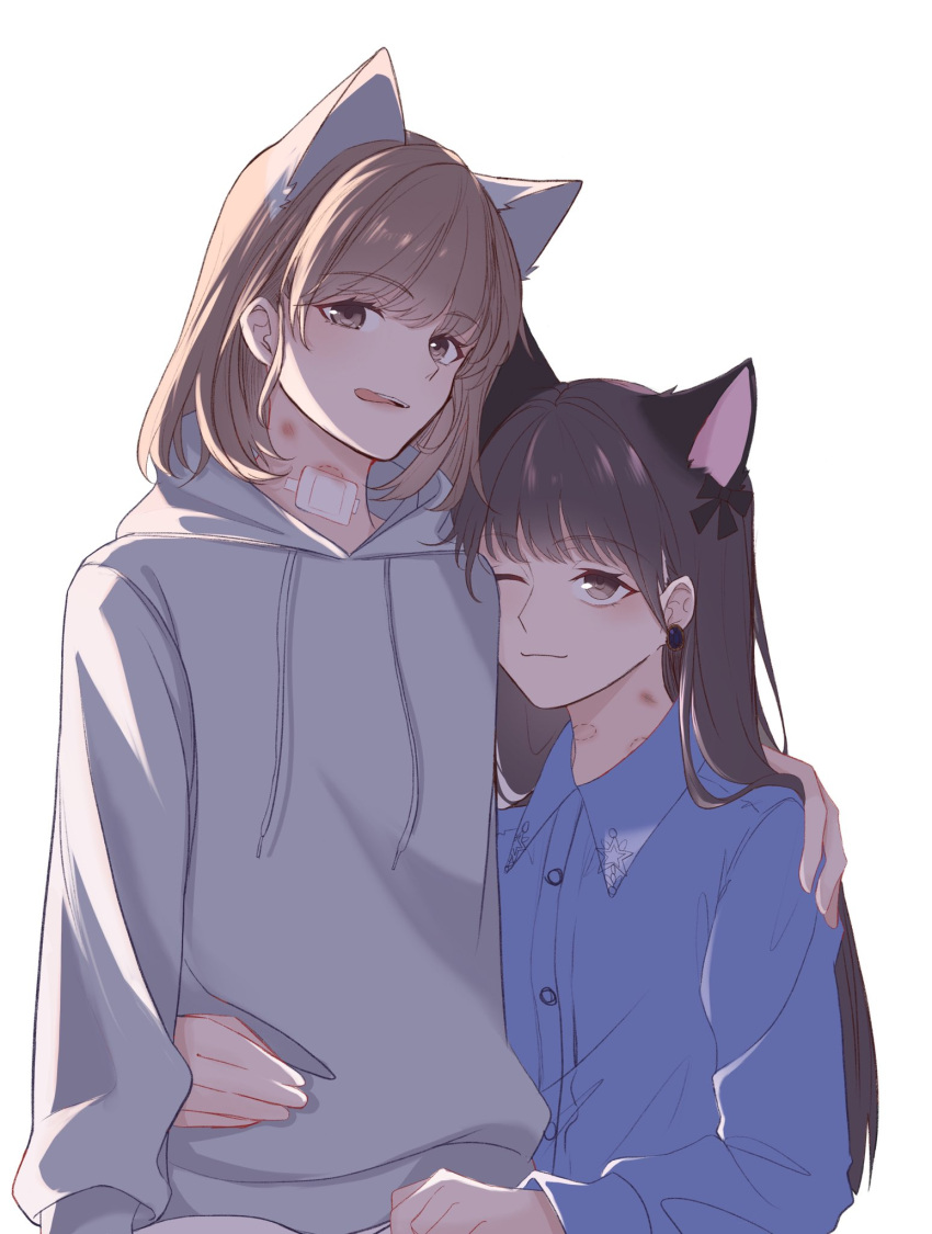 2girls animal_ears bandage_on_neck blue_shirt brown_eyes brown_hair cat_ears chinese_commentary collared_shirt commentary_request drawstring grey_hoodie hand_on_another's_shoulder hand_on_another's_waist hickey highres hood hoodie kemonomimi_mode liyuu looking_at_viewer love_live! love_live!_superstar!! medium_hair multiple_girls payton_naomi real_life shirt simple_background sitting sitting_on_lap sitting_on_person voice_actor white_background yeyep0911 yuri
