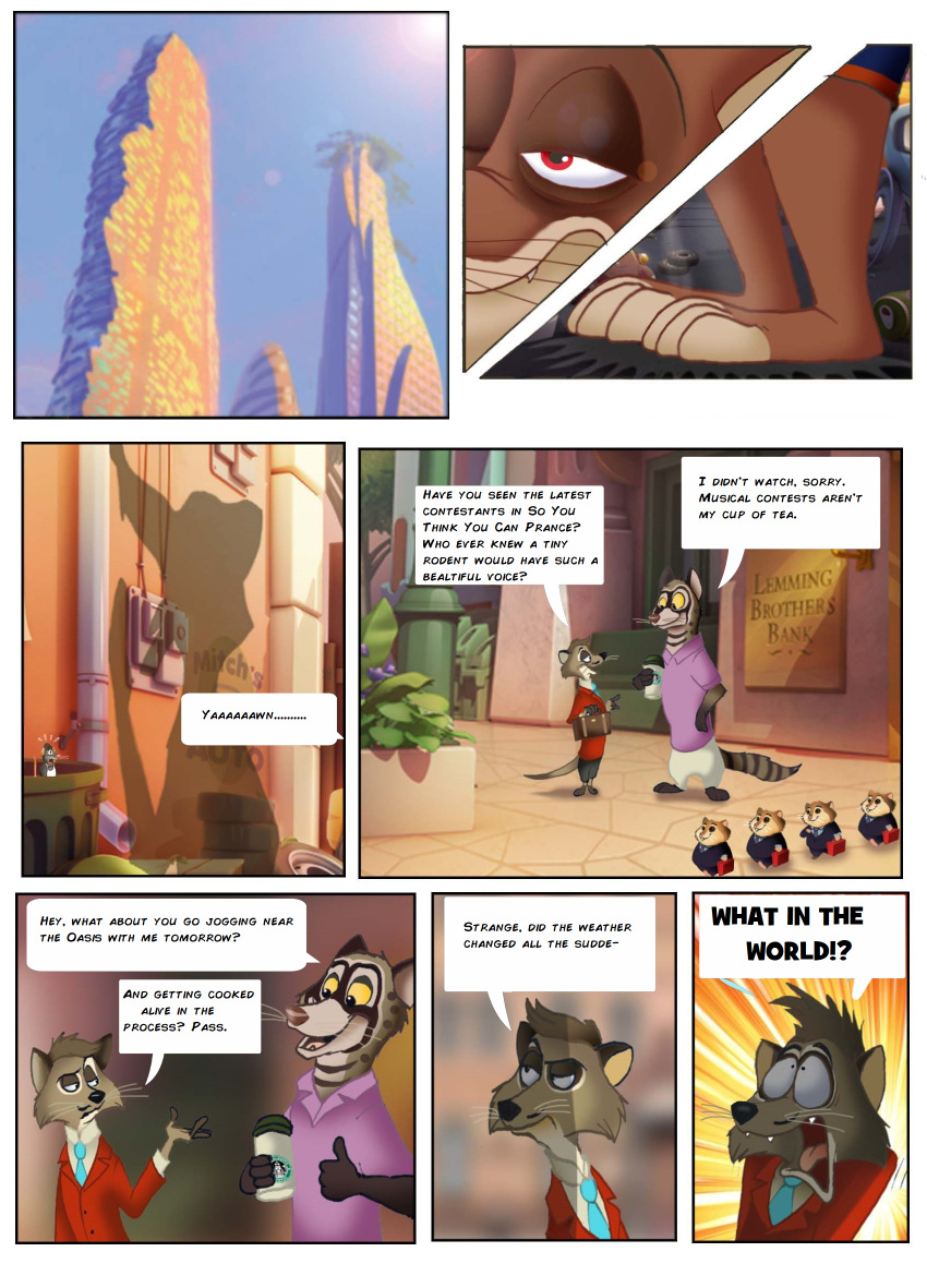 2024 4_fingers anthro bottomwear brown_body brown_fur cheek_tuft city city_background cityscape clothed clothing comic cricetid day detailed_background dialogue disney duke_weaselton english_text facial_tuft fairytalesartist fingers fur group hi_res lemming looking_at_another looking_at_object male mammal mouse multicolored_body multicolored_fur multicolored_tail murid murine mustelid musteline outside red_eyes rodent shirt shocked_expression shorts smile speech_bubble tail teeth text topwear true_musteline tuft weasel zootopia