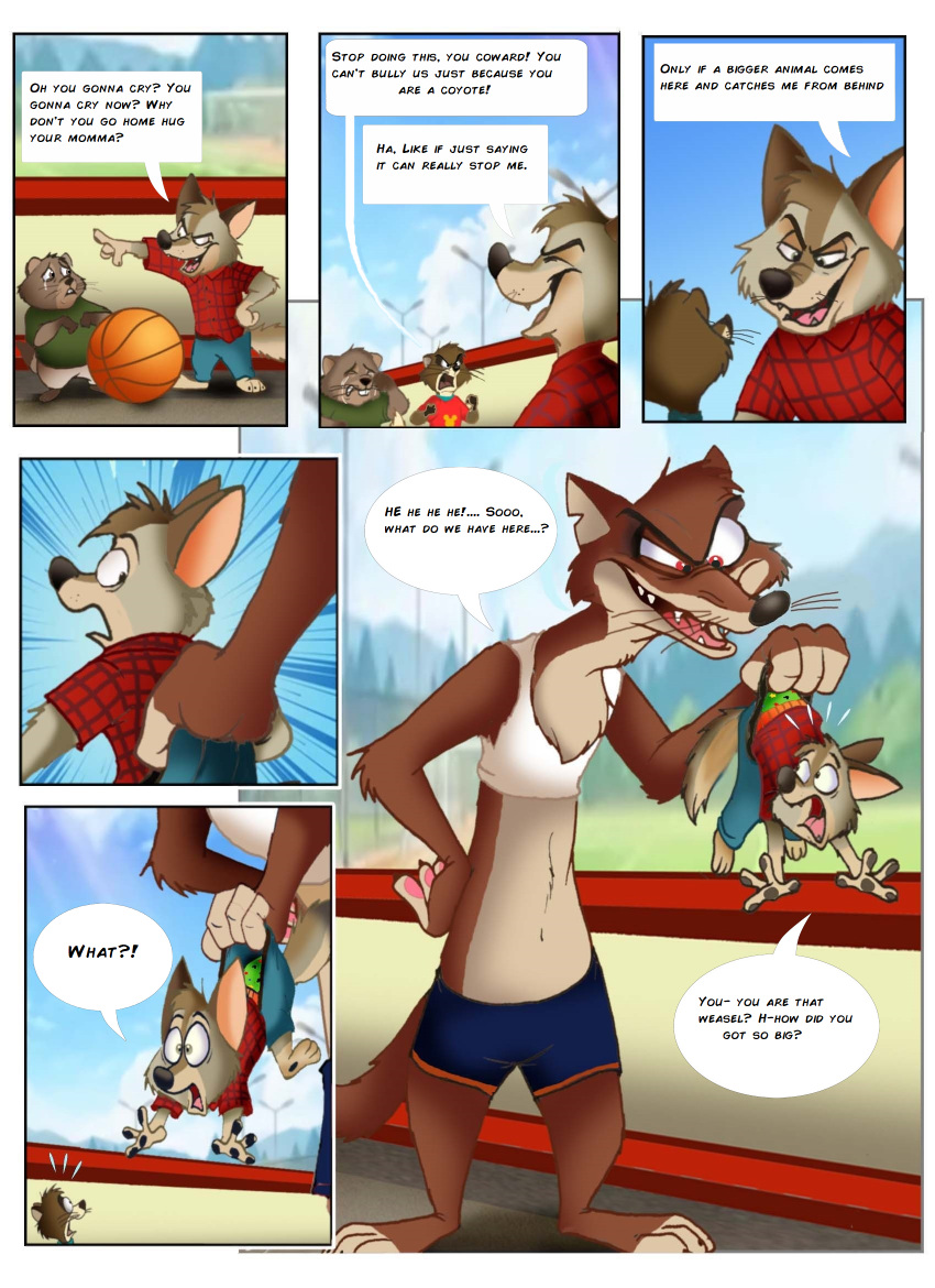 2024 4_fingers angry_expression anthro ball basketball_(ball) basketball_court bottomwear brown_body brown_fur canid canine canis cheek_tuft clothed clothing comic coyote day detailed_background dialogue disney duke_weaselton duo duo_focus english_text facial_tuft fairytalesartist fingers fur group hi_res holding_another inside looking_at_another macro macro_anthro male mammal multicolored_body multicolored_fur multicolored_tail mustelid musteline pivoted_ears red_eyes sad sad_expression shirt shocked shocked_expression shorts smile speech_bubble surprise surprised_expression tail tank_top teeth text topwear true_musteline tuft weasel zootopia