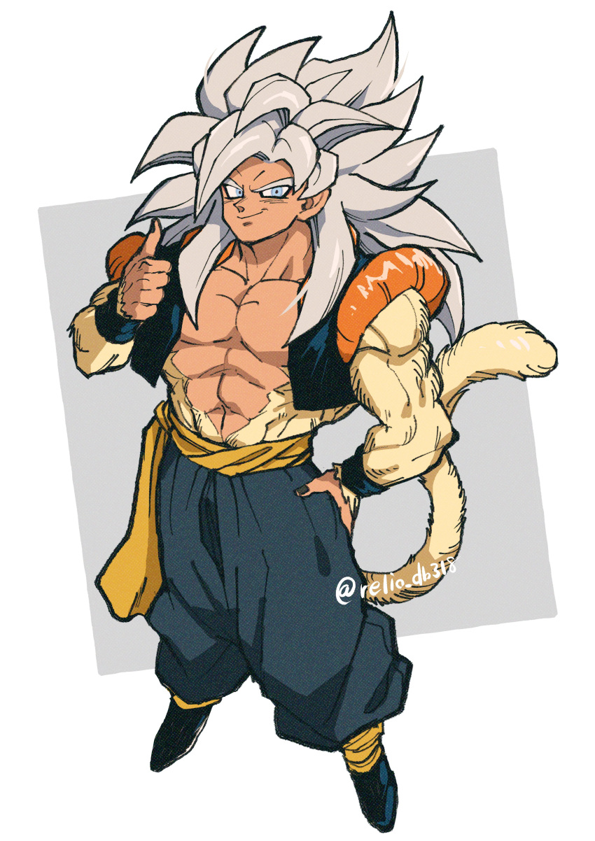 1boy absurdres biceps black_wristband blue_eyes body_fur dragon_ball dragon_ball_gt gogeta highres looking_at_viewer male_focus metamoran_vest monkey_boy monkey_tail muscular muscular_male no_nipples official_alternate_color official_alternate_hair_color pants pectorals relio_db318 sash simple_background smile solo spiked_hair super_saiyan super_saiyan_4 tail veins veiny_hands