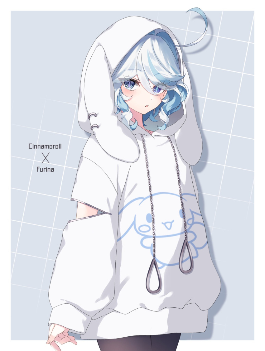 1girl blue_eyes blue_hair cinnamoroll clothing_cutout furina_(genshin_impact) genshin_impact hair_between_eyes heterochromia highres hood hood_up hoodie long_sleeves medium_hair multicolored_hair open_mouth pantyhose pomepome1207 sanrio white_hair white_hoodie