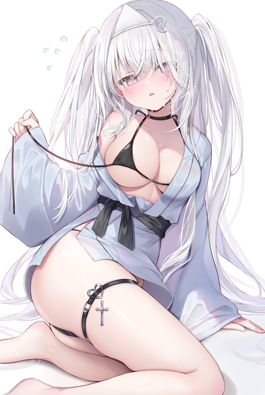 1girl ame_usari arm_support barefoot bikini black_bikini black_choker black_sash blue_kimono blush breasts choker commentary_request cross crossed_bangs feet flying_sweatdrops foot_out_of_frame grey_eyes grey_hair hair_between_eyes hair_ornament hair_over_one_eye halterneck heart heart-shaped_pupils heart_o-ring highres japanese_clothes kimono large_breasts long_hair long_sleeves looking_at_viewer micro_bikini off_shoulder original paid_reward_available parted_lips sash simple_background sitting sleeves_past_wrists solo sweat swimsuit symbol-shaped_pupils thigh_strap triangular_headpiece two_side_up untied_bikini very_long_hair white_background wide_sleeves yokozuwari yukata