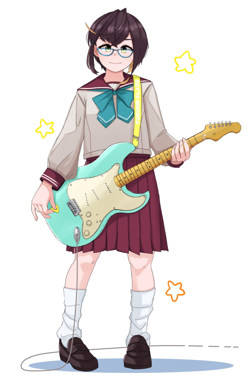 1girl adapted_costume alternate_costume aqua_bow aqua_bowtie black_hair blonde_hair blue-framed_eyewear bow bowtie bra brown_sailor_collar brown_skirt electric_guitar full_body green_bra green_eyes grey_shirt guitar highres holding holding_guitar holding_instrument instrument kantai_collection loose_socks mori_tarou multicolored_hair okinami_(kancolle) okinami_kai_ni_(kancolle) pleated_skirt sailor_collar sailor_shirt school_uniform serafuku shirt short_hair simple_background skirt socks solo star_(symbol) underwear white_background white_socks