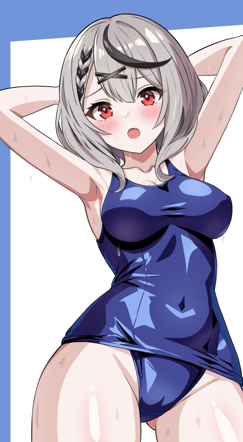1girl absurdres arms_behind_head black_hair blue_one-piece_swimsuit breasts collarbone covered_navel grey_hair hair_ornament highres hololive looking_at_viewer medium_breasts minasoko1130 multicolored_hair old_school_swimsuit one-piece_swimsuit red_eyes sakamata_chloe school_swimsuit shiny_clothes short_hair solo streaked_hair swimsuit two-tone_hair virtual_youtuber x_hair_ornament