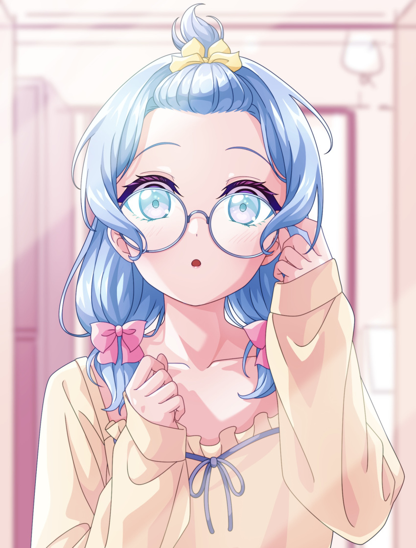 1girl :o alternate_hairstyle bang_dream! blue_hair blush flower glasses hair_ribbon highres light_blue_hair looking_at_mirror looking_at_self matsubara_kanon mirror pajamas pink_ribbon purple_eyes ribbon round_eyewear shirt solo sukenine twintails yellow_ribbon yellow_shirt