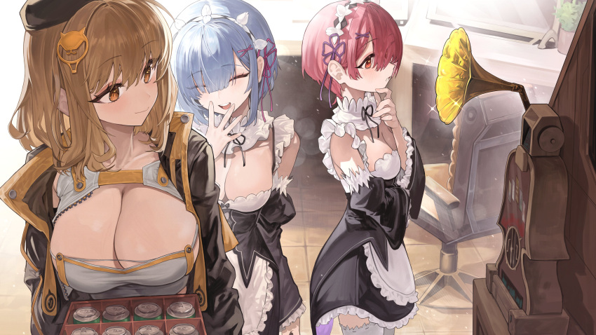 3girls absurdres anis_(nikke) bare_shoulders beret black_jacket blue_hair box breasts brown_hair can cleavage cleavage_cutout closed_eyes clothing_cutout detached_sleeves frills goddess_of_victory:_nikke hair_ornament hair_over_one_eye hand_on_own_chin hat highres holding holding_box indoors jacket large_breasts laughing long_hair maid maid_headdress mirror movik multiple_girls open_clothes open_jacket open_mouth phonograph pink_eyes pink_hair purple_ribbon ram_(re:zero) re:zero_kara_hajimeru_isekai_seikatsu rem_(re:zero) ribbon siblings sisters thighhighs tile_floor tiles twins x_hair_ornament