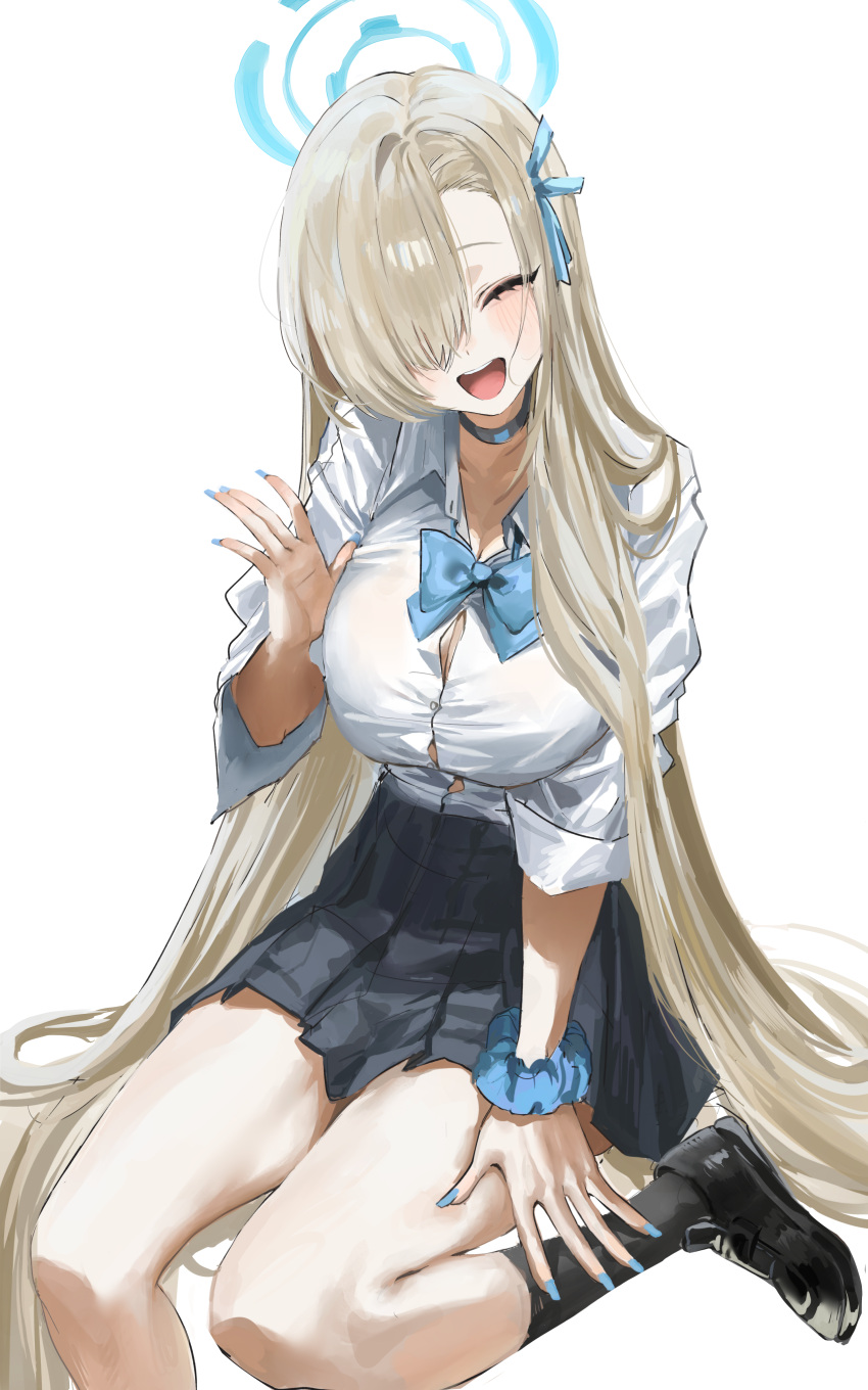 1girl absurdres asuna_(blue_archive) black_choker black_footwear black_socks blue_archive blue_bow blue_bowtie blue_halo blue_nails blue_ribbon blue_scrunchie blush bow bowtie breasts choker cleavage closed_eyes collared_shirt facing_viewer fingernails foot_out_of_frame hair_over_one_eye hair_ribbon halo highres large_breasts legs leni_(1_en) light_brown_hair long_fingernails long_hair nail_polish open_mouth ribbon scrunchie shirt shoes simple_background smile socks solo white_background white_shirt wrist_scrunchie