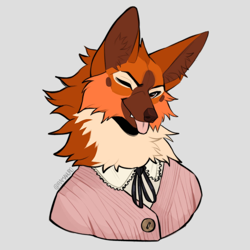 anthro canid canine clothed clothing countershade_fur countershade_neck countershading eyebrows female fur hi_res looking_at_viewer mammal maned_wolf one_eye_closed orange_body orange_fur ramahuro smile smiling_at_viewer solo tongue tongue_out