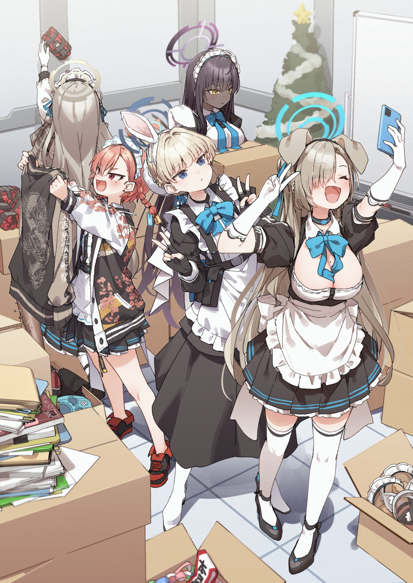 5girls :d absurdres ahoge akane_(blue_archive) animal_ears apron asuna_(blue_archive) black_dress black_footwear black_hair blonde_hair blue_archive blue_bow blue_bowtie blue_eyes blue_halo blush book boots bow bowtie braid breasts cellphone christmas_tree cleaning_&amp;_clearing_(blue_archive) closed_eyes dark-skinned_female dark_skin double_v dress dynamite explosive fake_animal_ears fang frilled_apron frills gloves hair_over_one_eye halo high_heel_boots high_heels highres holding holding_phone indoors jacket juliet_sleeves karin_(blue_archive) large_breasts light_brown_hair long_hair long_sleeves maid maid_apron maid_headdress mole mole_on_breast mole_under_each_eye mole_under_eye multiple_girls multiple_moles neru_(blue_archive) open_clothes open_jacket phone puffy_short_sleeves puffy_sleeves purple_halo rabbit_ears red_eyes red_hair selfie short_hair short_sleeves single_braid skin_fang small_breasts smartphone smile sukajan thighhighs toki_(blue_archive) v white_apron white_footwear white_gloves white_thighhighs yellow_eyes yukie_(kusaka_shi)