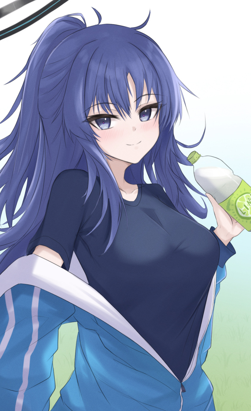 1girl black_shirt blue_archive blue_jacket blush bottle breasts half_updo halo highres holding holding_bottle jacket jacket_partially_removed looking_at_viewer medium_breasts official_alternate_costume partially_unzipped purple_eyes purple_hair shirt smile solo track_jacket upper_body water_bottle wrightia yuuka_(blue_archive) yuuka_(track)_(blue_archive)
