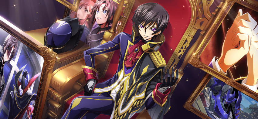 1boy artist_request ascot black_gloves black_hair black_helmet blue_jacket blue_pants brooch code_geass code_geass:_lost_stories crossed_legs dutch_angle epaulettes floating floating_object game_cg gem gloves gold_border hair_between_eyes hand_up happy helmet highres jacket jewelry kouzuki_kallen lelouch_vi_britannia light_particles light_rays looking_at_viewer male_focus mario_disel non-web_source official_art on_chair pants parted_lips photo_(object) picture_frame purple_eyes purple_gemstone red_ascot short_hair sidelocks sitting smile solo sougetsu_(code_geass) sparkle table tassel teeth throne unworn_headwear unworn_helmet v-shaped_eyebrows zero_(code_geass)