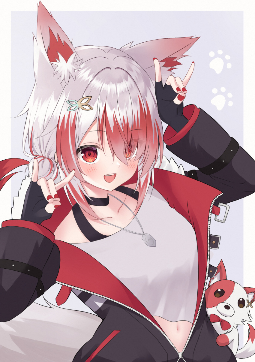 1girl absurdres animal_ears fox_ears fox_girl highres jacket looking_at_viewer multicolored_hair navel open_mouth red_eyes sakura_neru smile streaked_hair syusetu_kohaku vee_(vtuber) virtual_youtuber white_hair