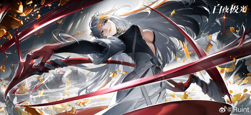 1girl alchemy_stars army battle black_dress black_gloves blue_eyes blunt_ends breasts center_opening character_request chinese_commentary cleavage closed_mouth commentary_request copyright_name cowboy_shot debris dress fighting gloves hair_ornament highres holding holding_weapon jewelry large_breasts layered_dress layered_sleeves leaning_back long_dress long_sleeves looking_at_viewer multicolored_hair necklace official_art orange_hair pink_lips red_gloves ruint short_over_long_sleeves short_sleeves smile smoke solo streaked_hair watermark weapon weibo_logo weibo_username white_dress white_hair white_sleeves