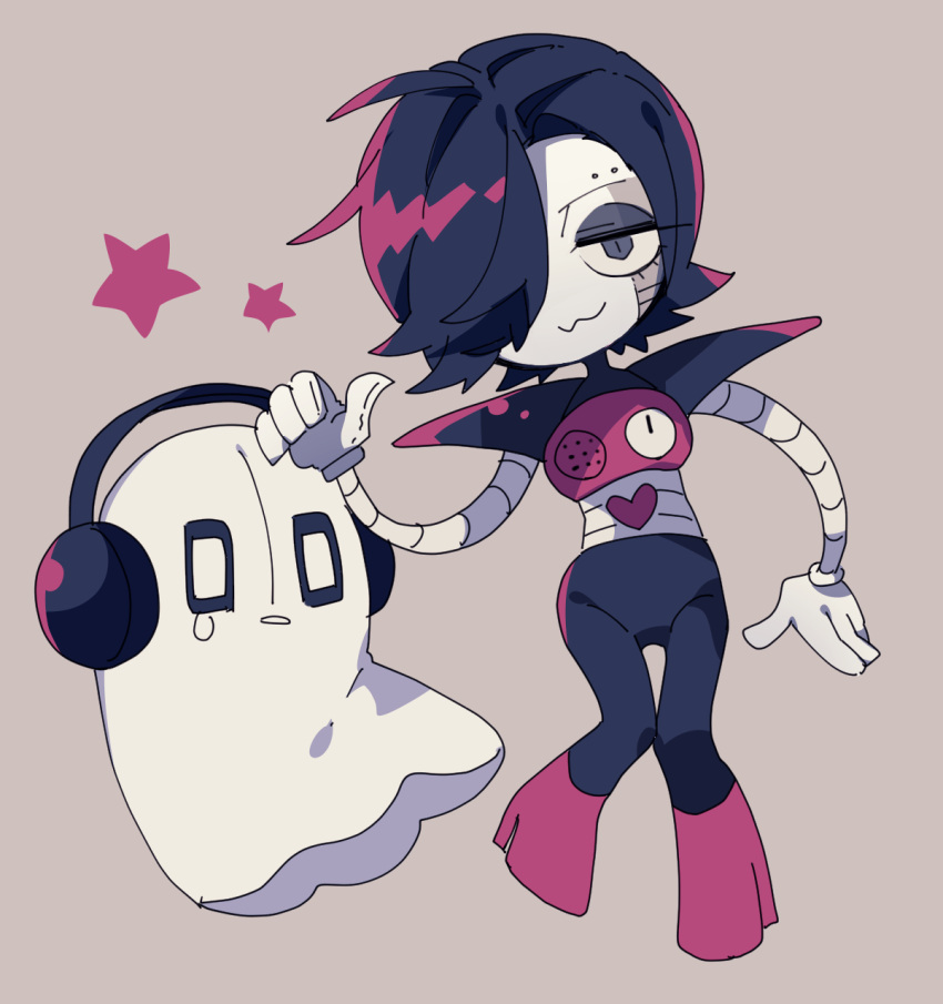 1boy 1other :3 androgynous android arm_at_side black_eyes black_eyeshadow black_hair black_headphones black_pants bright_pupils brown_background chibi closed_mouth colored_skin cousins eyeshadow full_body ghost gloves hair_over_one_eye headphones highres makeup mechanical_arms mettaton mettaton_ex napstablook nikorashi-ka pants pink_footwear pointing pointing_at_self short_hair star_(symbol) tearing_up undertale white_gloves white_pupils white_skin