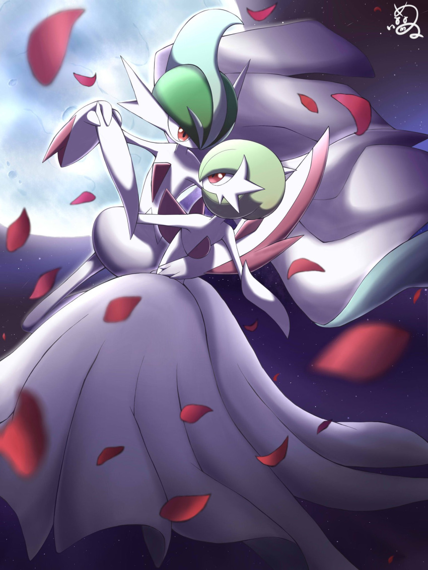 arm_blade colored_skin dancing dress falling_petals gallade gardevoir green_hair hand_on_another's_back highres holding_hands mega_gallade mega_gardevoir mega_pokemon moon night night_sky petals pink_eyes pokemon pokemon_(creature) shabana_may signature sky weapon white_dress white_skin