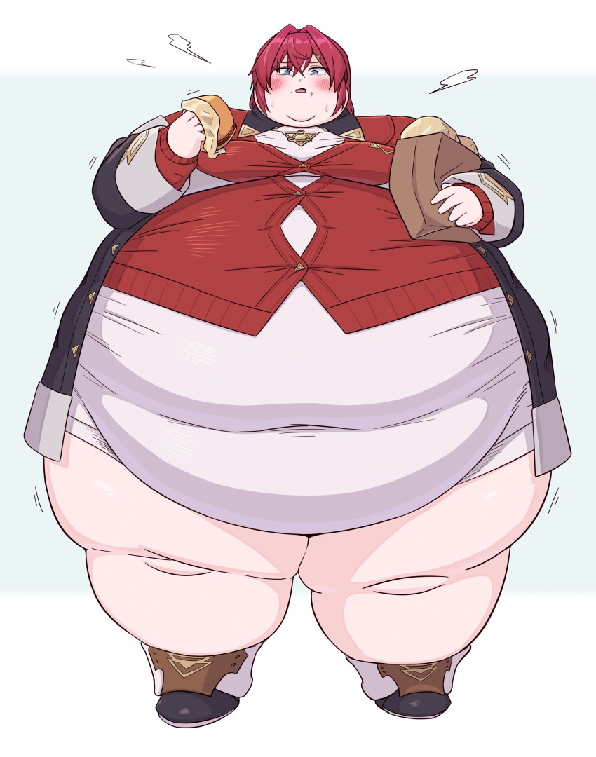 absurdres ange_katrina ange_katrina_(1st_costume) bag big_belly black_coat blue_eyes blush burger button_gap cardigan coat commentary commission commissioner_upload dress fat fat_rolls food food_on_face hair_between_eyes hair_intakes highres nijisanji obese open_mouth paper_bag red_cardigan red_hair short_hair skeb_commission taut_clothes thick_thighs thighs triangle_hair_ornament vesba virtual_youtuber white_dress