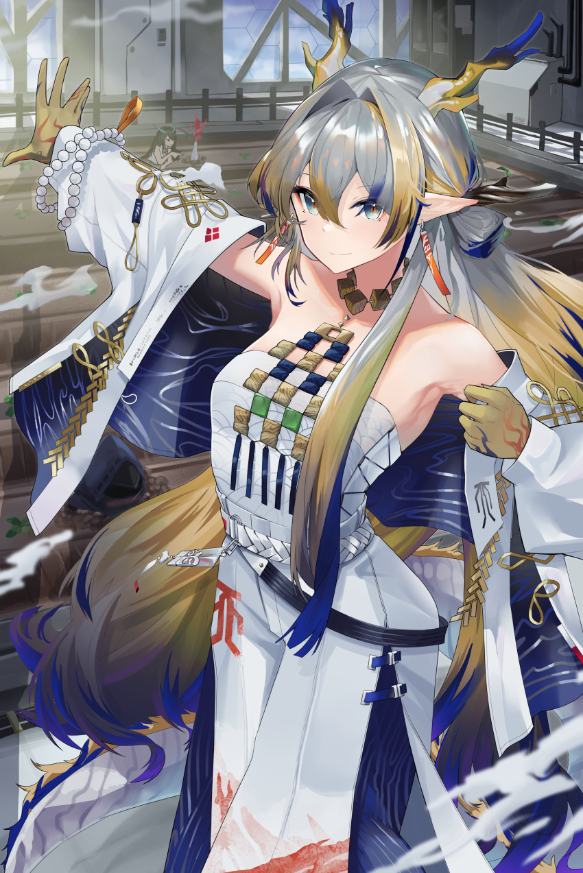 2girls absurdres arknights bare_shoulders blonde_hair blue_eyes choker coat commentary cowboy_shot dusk_(arknights) grey_hair hair_intakes highres horns jewelry long_hair long_sleeves looking_at_viewer multiple_girls nanamilem necklace off_shoulder open_clothes open_coat pants pointy_ears shu_(arknights) siblings sisters smile standing strapless tube_top very_long_hair white_coat white_pants