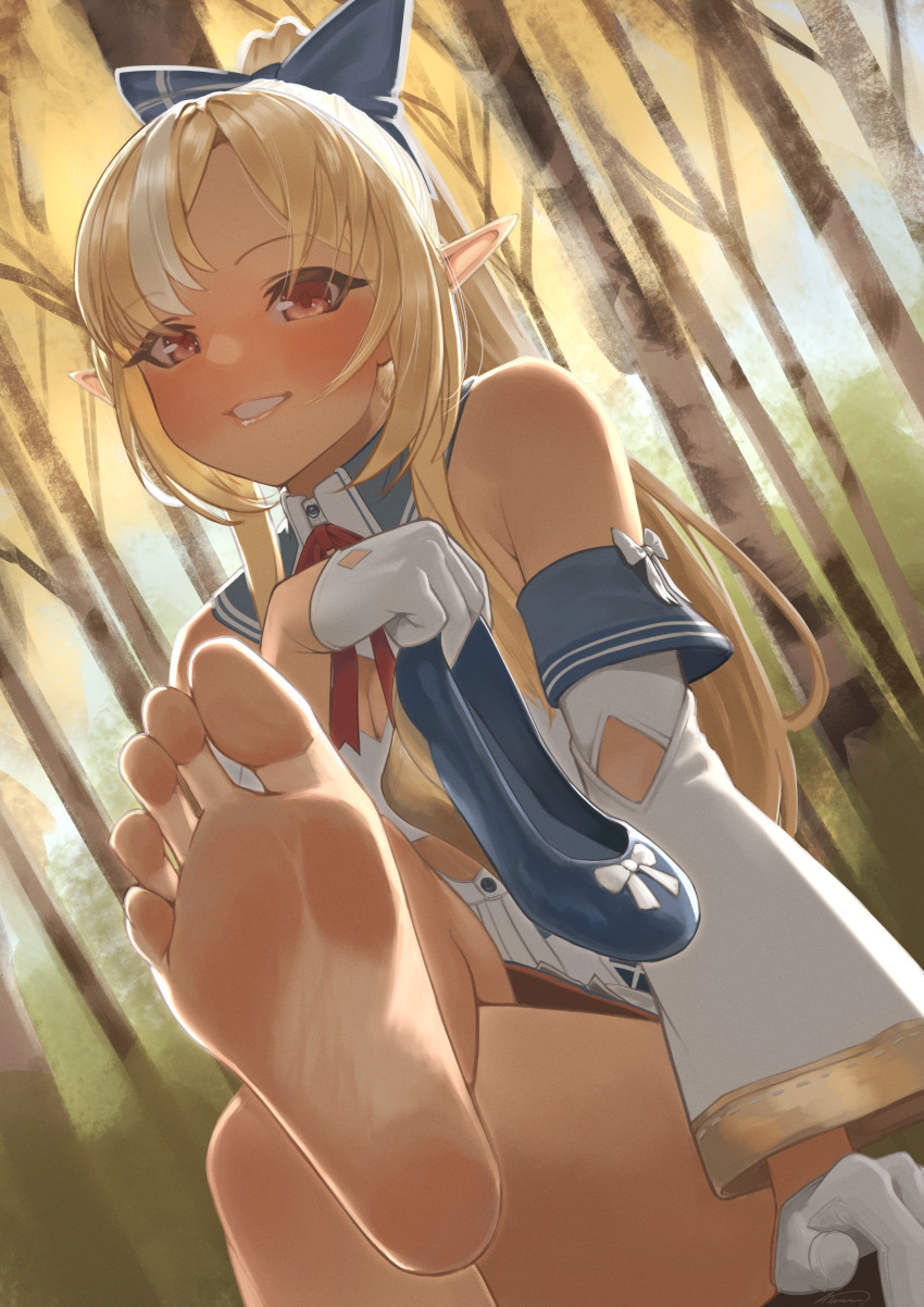 1girl absurdres aiharararara armpit_crease bare_shoulders barefoot blonde_hair blue_bow blue_footwear blush bow dark-skinned_female dark_skin dress elf feet foot_focus gloves hair_bow hand_up highres holding holding_clothes holding_footwear hololive long_hair long_sleeves looking_at_viewer multicolored_hair no_shoes outdoors pointy_ears ponytail red_eyes shiranui_flare sitting sleeveless sleeveless_dress soles solo thighs toes tree two-tone_hair virtual_youtuber white_gloves