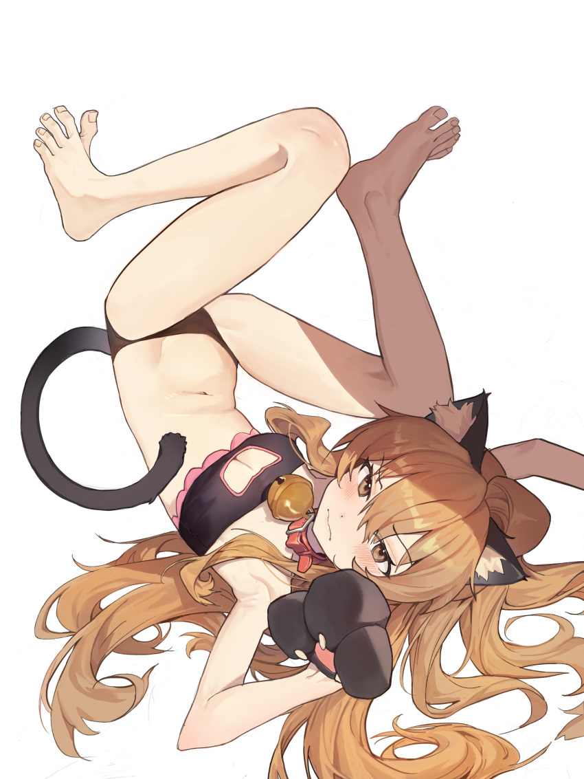 1girl absurdres aisaka_taiga alternate_costume animal_collar animal_ear_fluff animal_ears animal_hands armpits barefoot bell black_bra black_gloves black_panties black_tank_top blush bra breasts brown_eyes brown_hair cat_cutout cat_ears cat_lingerie chamchamshia closed_mouth clothing_cutout collar commentary_request fake_animal_ears fake_tail feet gloves hair_between_eyes highres legs long_hair looking_at_viewer lying meme_attire navel neck_bell on_back panties paw_gloves revision shadow sidelocks simple_background small_breasts solo spread_toes stomach tail tank_top thighhighs toenails toes toradora! underwear upside-down very_long_hair wavy_mouth white_background