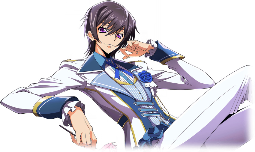 1boy artist_request black_hair blue_flower blue_ribbon blue_rose blue_vest buttons closed_mouth code_geass code_geass:_lost_stories collared_shirt crossed_legs flower formal game_cg hair_between_eyes hand_up happy highres holding holding_flower jacket leaning_back lelouch_vi_britannia long_sleeves looking_at_viewer male_focus neck_ribbon non-web_source official_art pants pink_flower pink_rose pinstripe_pattern pinstripe_vest purple_eyes ribbon rose shirt short_hair sidelocks simple_background sitting smile solo transparent_background vest white_jacket white_pants white_shirt