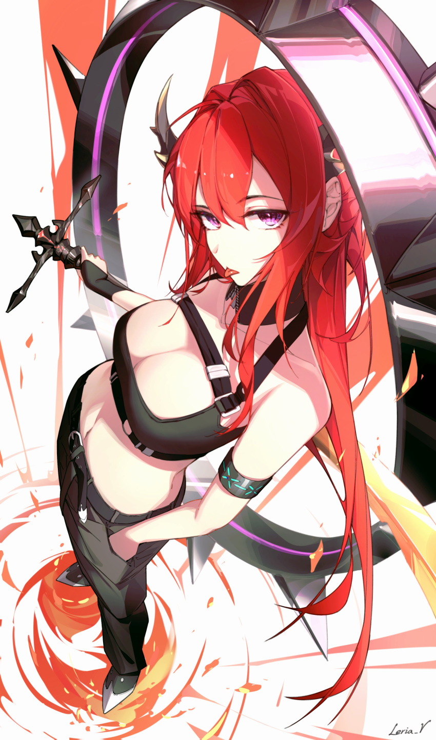 1girl absurdres arknights black_pants breasts chest_strap cleavage crop_top demon_girl demon_horns fiery_background fire from_above highres holding holding_polearm holding_weapon horns large_breasts leria_v looking_at_viewer midriff pants polearm purple_eyes red_hair slit_pupils solo standing stomach surtr_(arknights) tongue tongue_out weapon