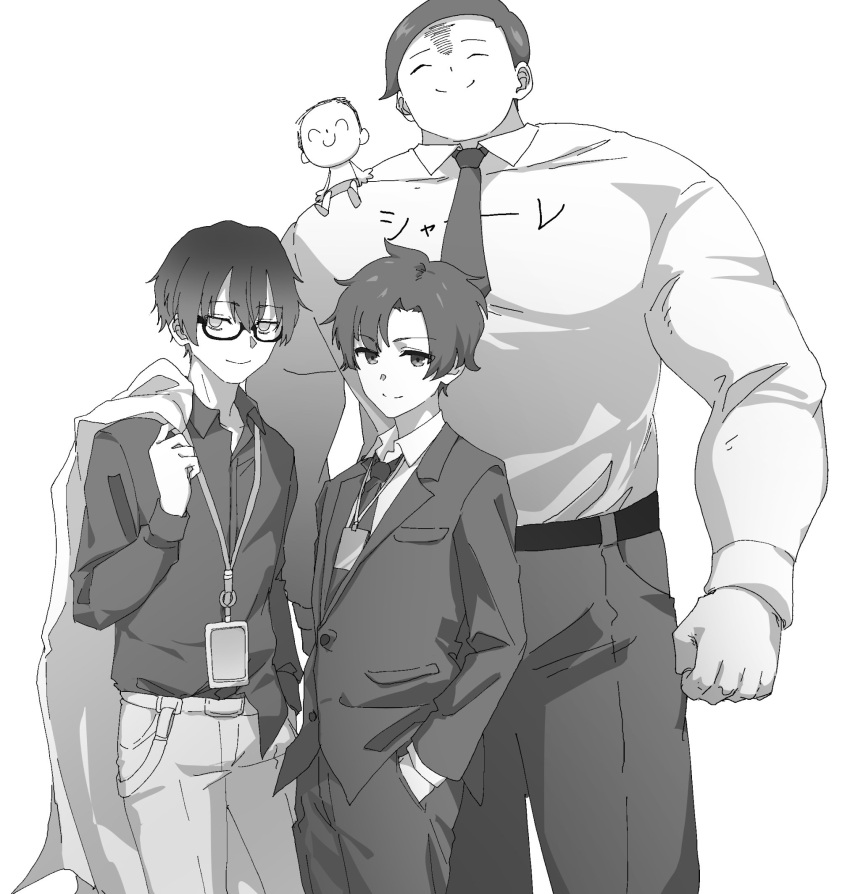 4boys 5boys ^_^ blue_archive blue_archive_the_animation closed_eyes clothes_writing collared_shirt doodle_sensei_(blue_archive) glasses greyscale hand_in_pocket highres id_card jacket looking_at_viewer male_focus momomatang monochrome multiple_boys multiple_persona muscular muscular_male necktie on_shoulder pants problem_solver_sensei_(blue_archive) sensei_(blue_archive) sensei_(blue_archive_the_animation) shirt simple_background smile