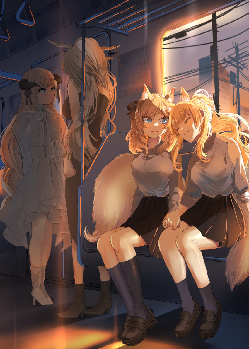 absurdres animal_ear_fluff animal_ears arknights black_bow blemishine_(arknights) blonde_hair bow closed_eyes demon_horns dress extra_ears highres holding_hands horns horse_ears horse_girl horse_tail long_hair nightingale_(arknights) pointy_ears ruka_(nekokujo_red) school_uniform shining_(arknights) tail train_interior very_long_hair whislash_(arknights) white_dress window yuri