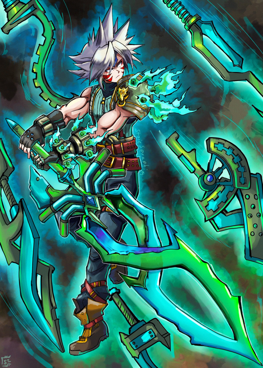 alternate_color alternate_costume alternate_eye_color alternate_hair_color alternate_weapon armor aura belt blue_gemstone boots cloud_strife corruption crescent crossover dark_persona double_helix ear_piercing facial_tattoo fierce_deity final_fantasy final_fantasy_vii fingerless_gloves frown gem gloves glowing highres holding holding_sword holding_weapon looking_to_the_side muscular non-web_source pauldrons piercing possessed short_hair shoulder_armor single_pauldron spiked_hair stoic_seraphim super_smash_bros. sword tattoo the_legend_of_zelda the_legend_of_zelda:_majora's_mask triangle weapon white_hair wrist_guards zipper